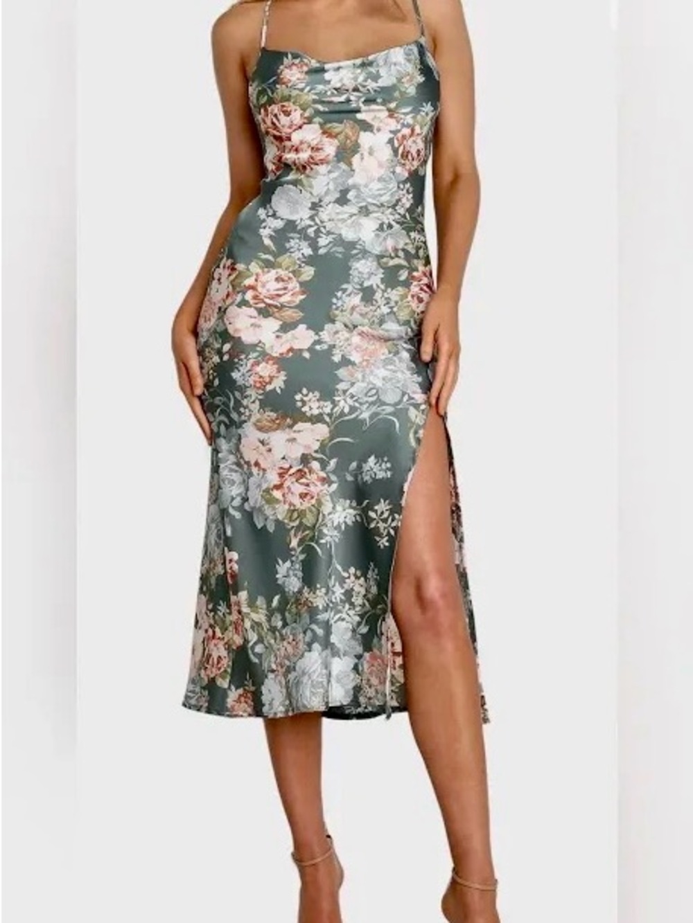 Petal & Pup Sage Green Floral Satin Cowl Midi Dress - NWT - Size 8
